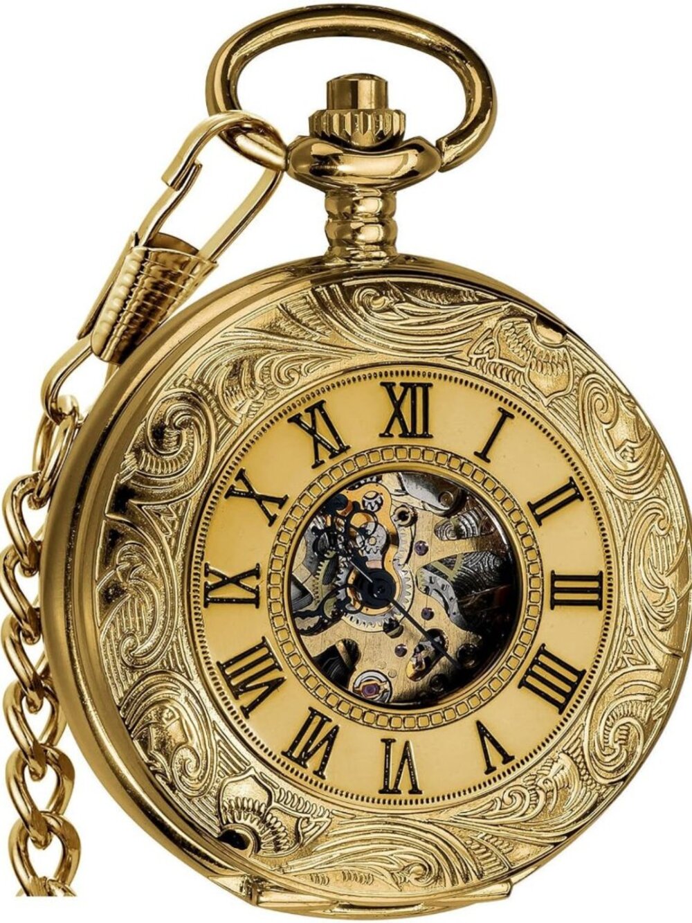 Vintage Hand-Wound Mechanical Pocket Watch for Men, Skeleton Design with Chain